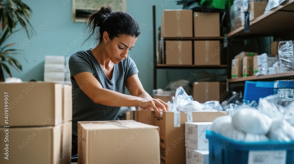 A woman organizing medical supplies in a disaster relief center after a hurricane. Featuring efficiency and organization A woman organizing medical supplies in a disaster relief center after a hurricane. Featuring efficiency and organization