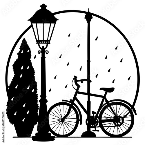 Silhouette of a bicycle leaning against a lamppost on a rainy day