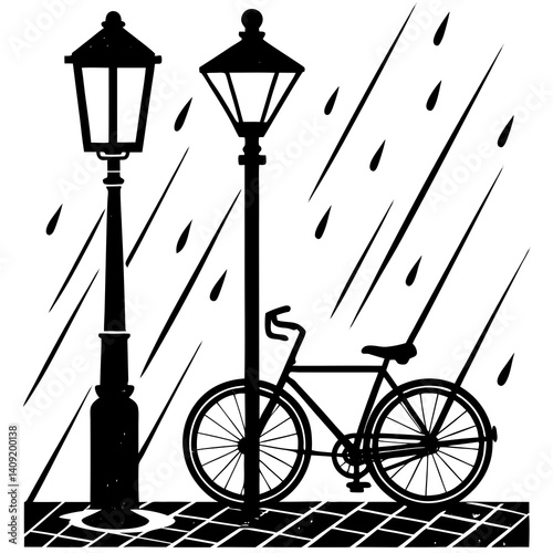 Silhouette of a bicycle leaning against a lamppost on a rainy day