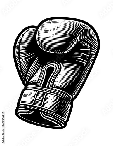 Detailed Engraving of a Boxing Glove in Black and White with Shading and Outline, Isolated