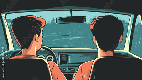 A stylized illustration depicting two young men sitting in the front seats of a car. The view is from behind, showing their backs and heads.  The car's interior is rendered in teal tones