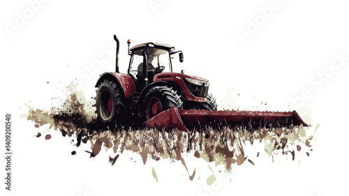 The image showcases a red tractor working a field. The tractor is the central focus, depicted in detail, with a visible driver's cab.The tractor is equipped with a front-mounted implement