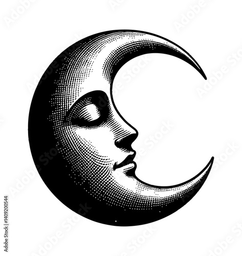 Crescent Moon with Human Face Sleeping Expression in Detailed Black and White Engraving Style