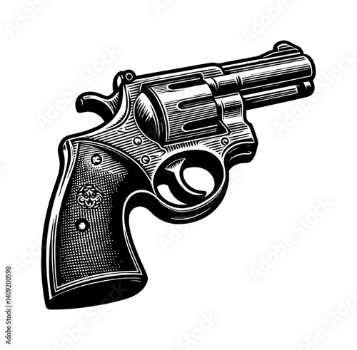 Detailed engraved illustration of a handgun revolver in black and white style design