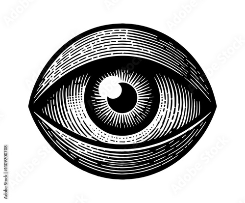 Engraved Detailed Eye Vector Illustration Isolated on White Background in Black and White
