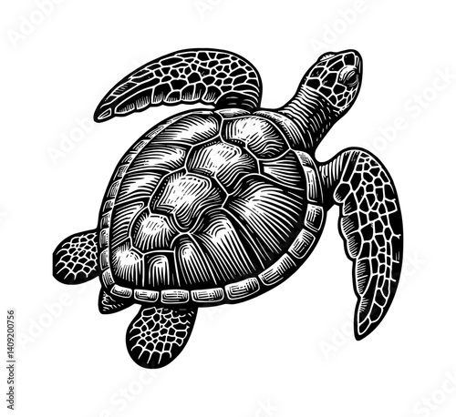 Detailed Black and White Engraving of a Sea Turtle Swimming Upward Isolated on White Background