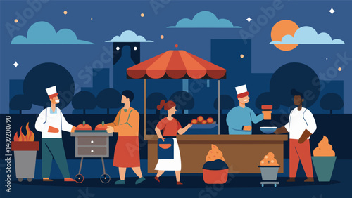 As the night winds down the vendors pack up their grills leaving behind memories of a lively and delicious evening enjoyed by all.. Vector illustration