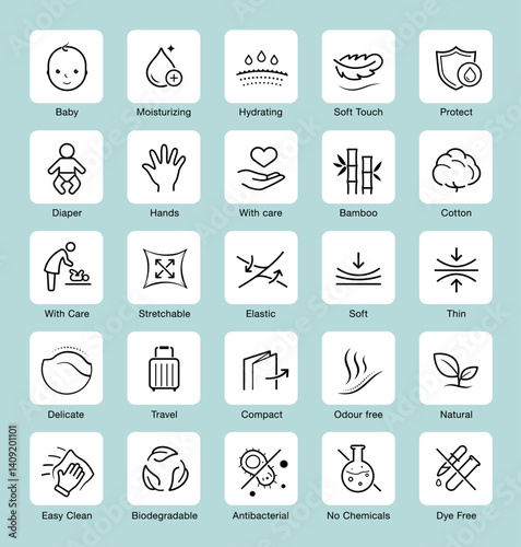 Kids care and hygiene set icons. The outline icons are well scalable and editable. Perfect for  baby pads, mats, diapers, tissues, napkins and etc. EPS10.	
