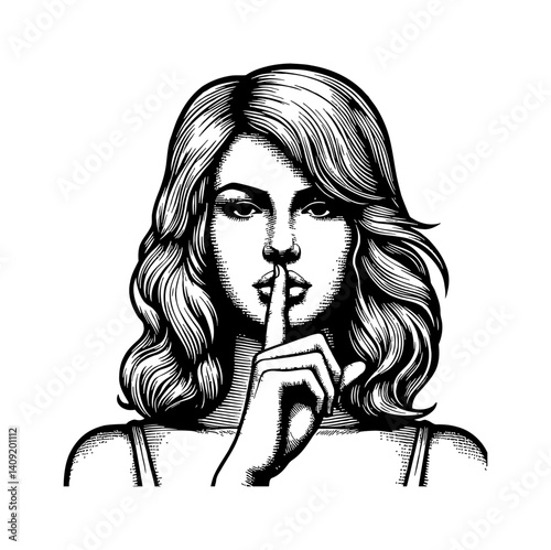 Woman Shushing Silently with Finger on Lips, Asking for Quiet in Engrave Style
