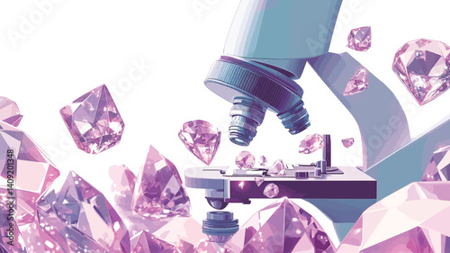 Close-up shot of a light purple-toned microscope with several pink and purple gemstones floating around it against a white background. The image has a soft, slightly abstract quality