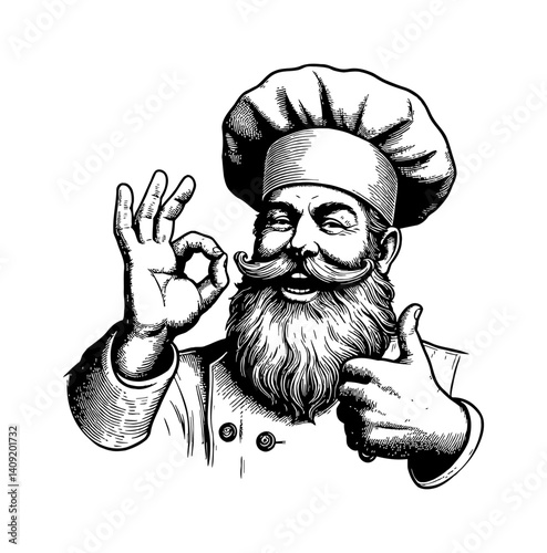 Happy Chef with Beard Showing Okay and Thumbs Up Gesture in Detailed Engrave Style