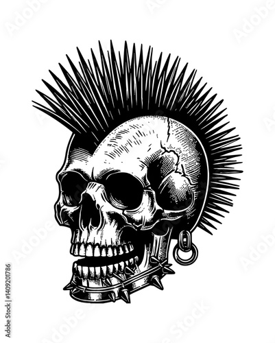 Punk Skull with Mohawk and Spiked Collar, Black and White Engraving Style Illustration
