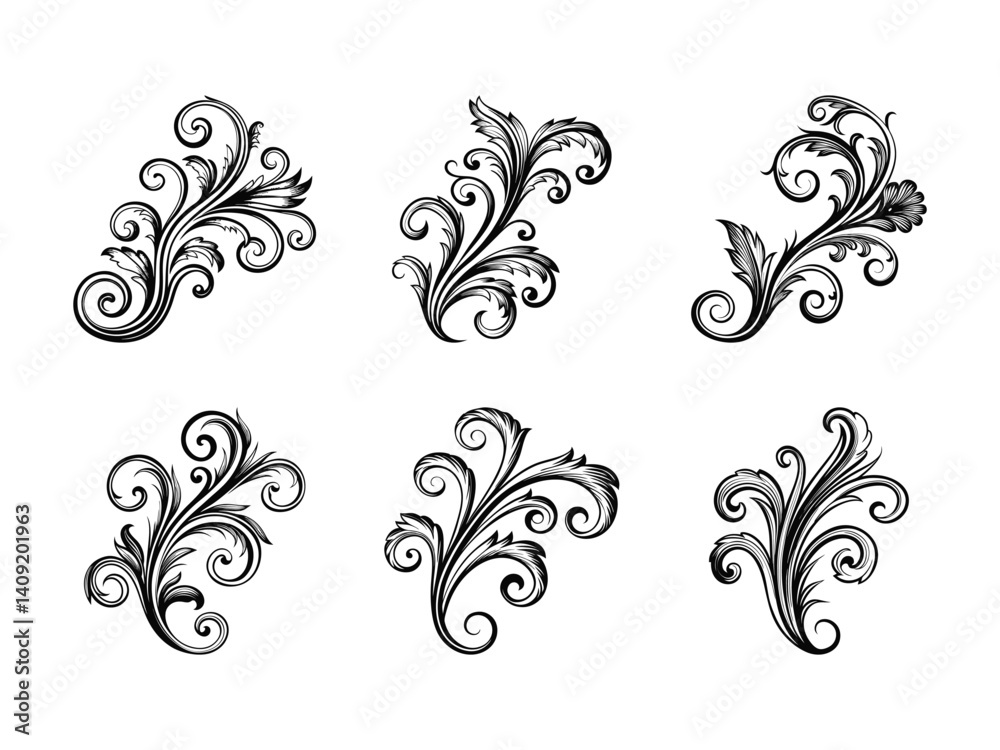Intricate floral curl accent silhouette isolated on white background Intricate floral curl accent silhouette isolated on white background