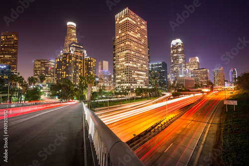 Los Angeles Downtown Traffic with City Skyscrapers at night