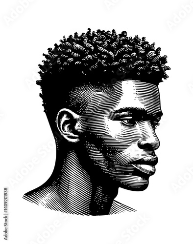 A serious young African American man portrait in black and white line art drawing.