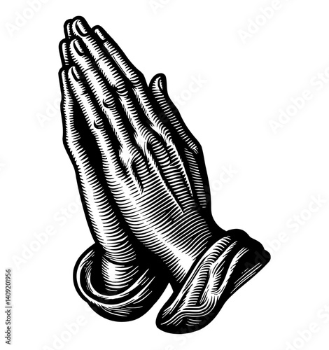 Engraved Illustration of Praying Hands Clasped Together in Hope and Faith on White