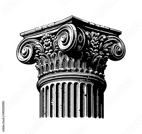 Detailed Black and White Engraving of a Classical Ionic Column Capital Architecture