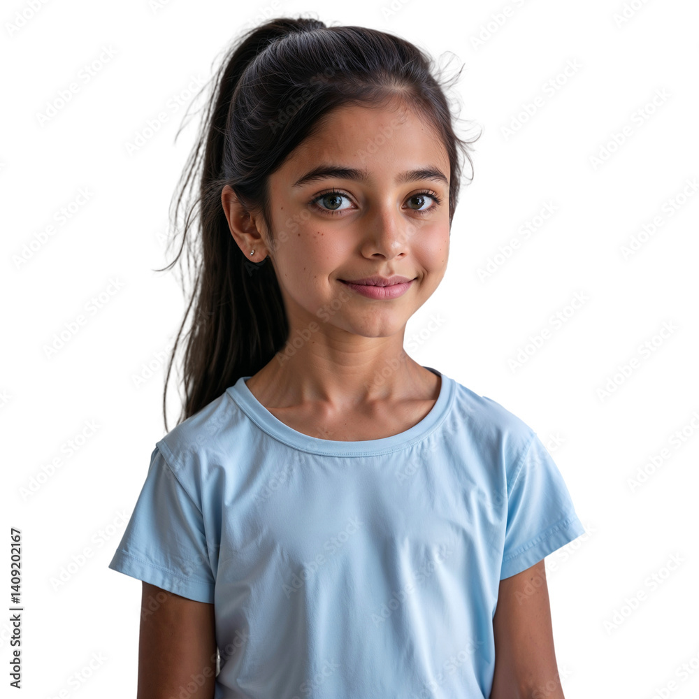 Portrait of a smiling young girl wearing blue t-shirt, lifestyle concept, isolated on transparent background Portrait of a smiling young girl wearing blue t-shirt, lifestyle concept, isolated on transparent background