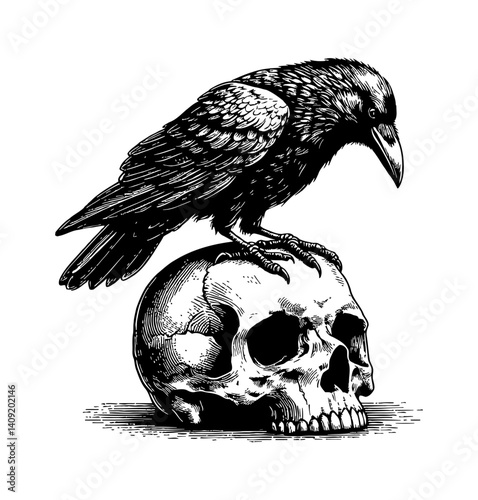 Crow Perched on Skull, Black and White Engraving Style Isolated on White Background