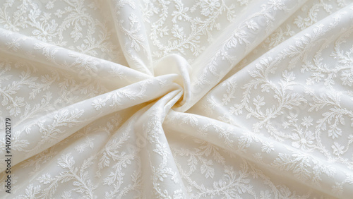 Elegant, ivory colored fabric demonstrating a smooth, unbroken expanse due to its pattern's infinite repetition..