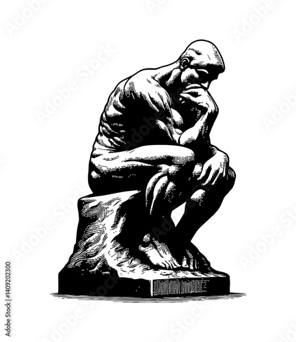 The Thinker statue is thinking hard in detailed black and white line art drawing