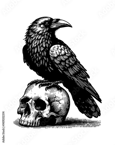 Raven Perched on Skull Illustration with Intricate Engraved Line Art Detailed
