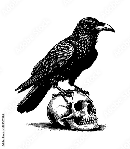 Black raven perched on a skull illustration art in detailed engraving line art style, dark