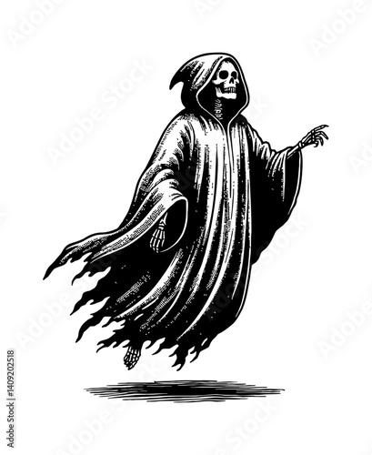 Grim Reaper in Black Cloak Reaching Out Hand in Detailed Engraving Art Style on White Background