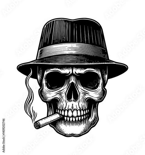 Vector illustration of a skull wearing hat smoking cigar in engraved style
