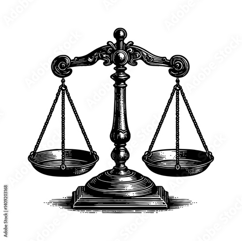 Engraved Illustration of Balanced Scales of Justice in Black and White Detailed Drawing