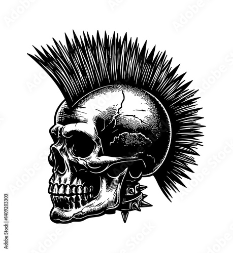 Monochrome Skull with Mohawk and Spiked Collar in Detailed Illustration Style