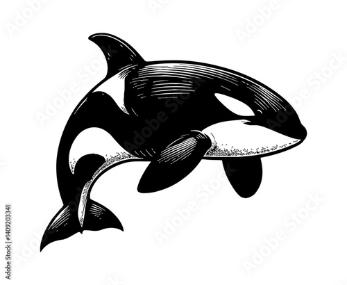 Engraving illustration of killer whale jumping out of water in monochrome