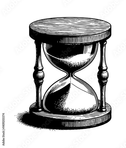 Detailed Engraving of Hourglass, Time Passing, Sand Flowing Through Glass, Black and White Illustration