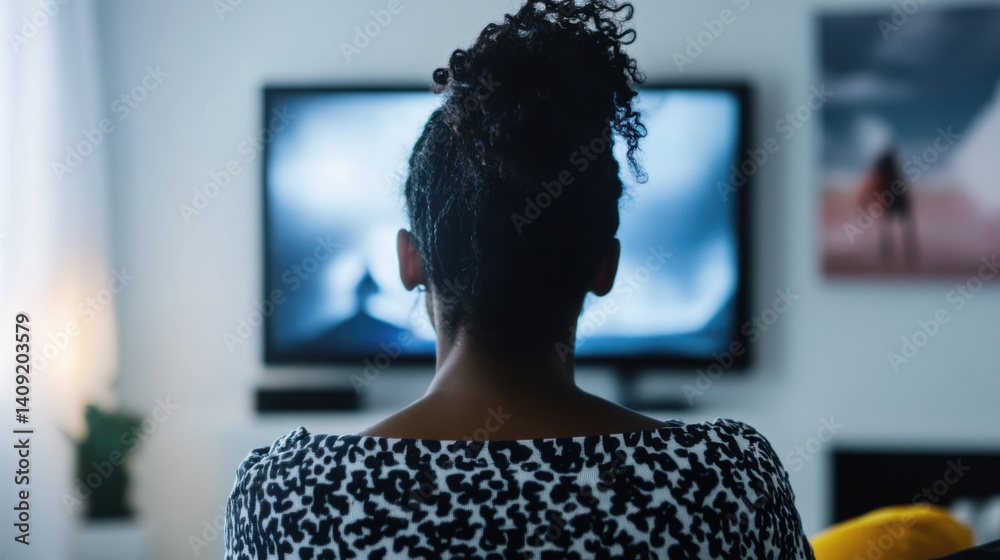 A woman watching a news broadcast about a hurricane warning at home. Featuring concern and awareness
