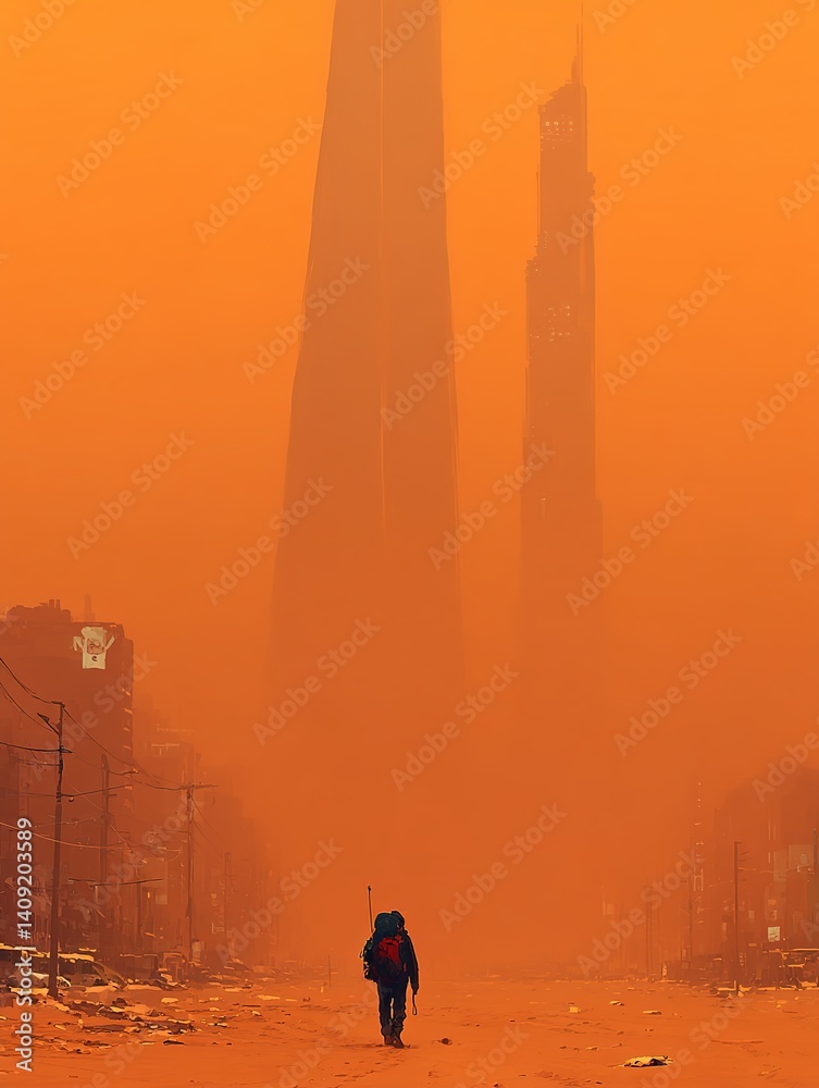 Fototapeta premium Person walks through a hazy orange landscape with tall structures in the background.