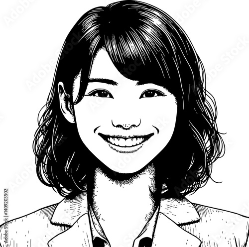 Portrait of a Smiling Young Woman with Short Hair in Detailed Black and White Line Art