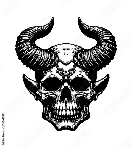Detailed Black and White Skull with Horns Drawing Vector Art Design