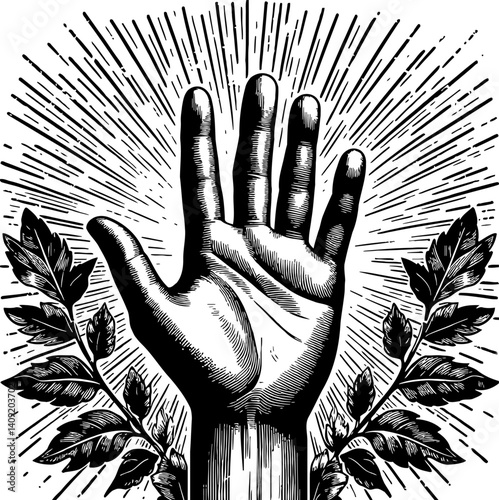 Engraved Black and White Illustration of Open Hand Surrounded by Leaves and Light Rays