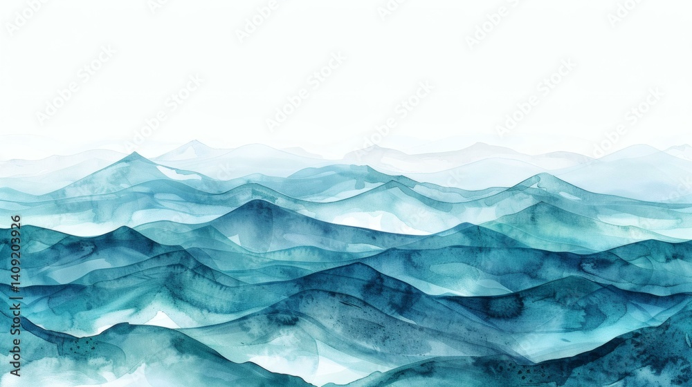 Obraz premium Abstract watercolor ocean waves in deep blues and turquoises, layered shades evoking sea and mountain landscapes.