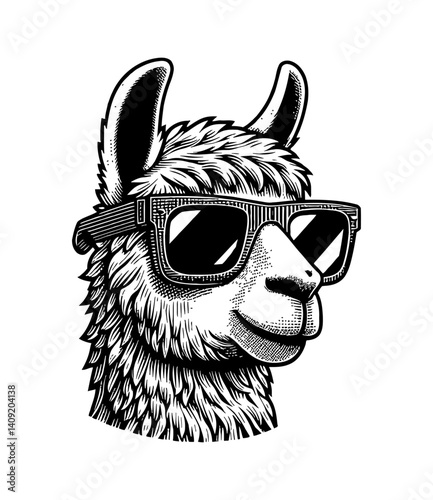 Cool Llama Portrait with Sunglasses in Detailed Black and White Engraving Style