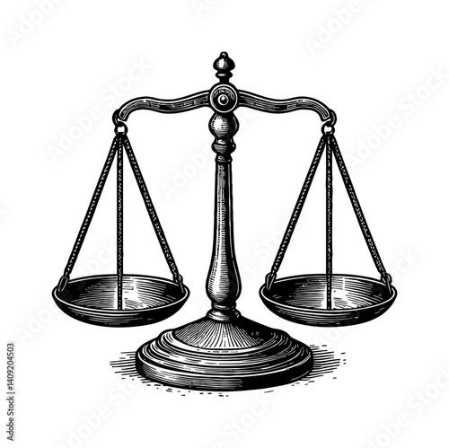 Classic Engraved Illustration of Justice Scale Equilibrium Balance in Black and White