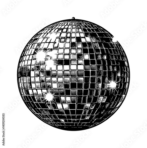 Disco Ball Sphere Engraving Style with Sparkles Black and White Isolated on White Background