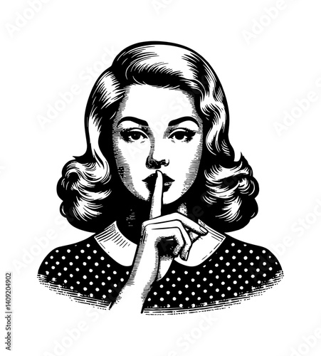 Woman in Polka Dot Dress Asking for Silence with Finger to Lips in Engraving Style