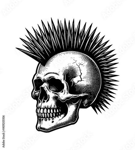 Detailed Engraving Illustration of Skull with Mohawk Hairstyle in Punk Rock Fashion Style
