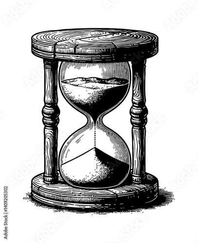 Hourglass with wood base and sand inside in detailed line art black and white drawing