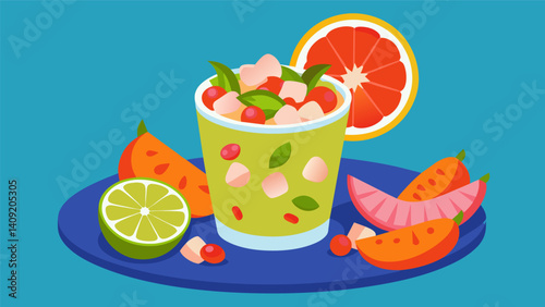In every bite of this refreshing seafood ceviche one can taste the infusion of lime juice red onion and tomatoes all coming together to create a burst of tropical flavors.. Vector illustration