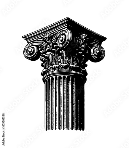 Ornate Corinthian Column Capital with Intricate Details in Engraving Style on Isolated White Background