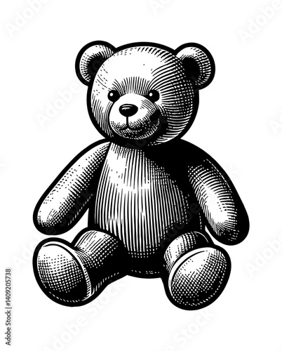 Detailed Engraved Illustration of a Sitting Teddy Bear with Classic Design and Shading