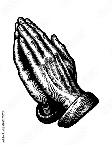 Engraved Illustration of Praying Hands in Detailed Black and White Vintage Style