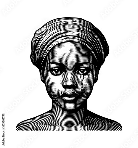 Sad Woman with Headscarf Crying in Engraved Style Black and White Portrait with Tear Drop